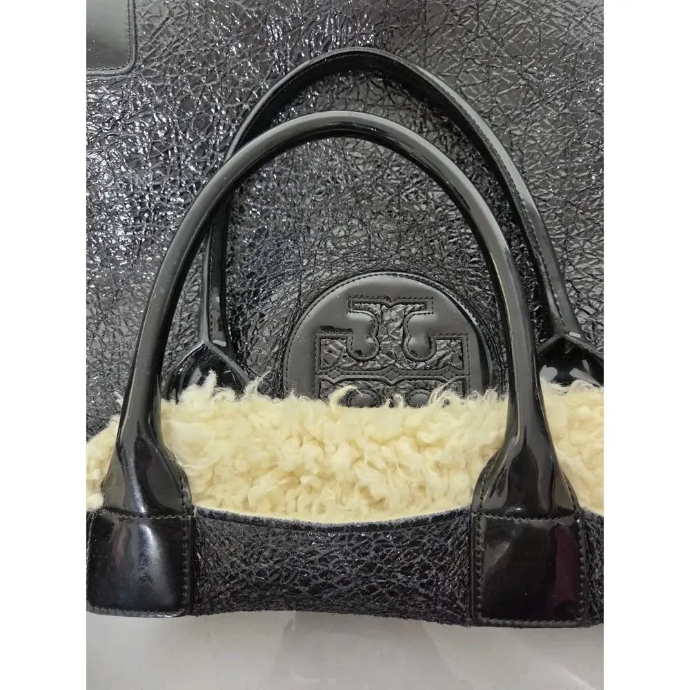 Tory Burch Black Shearling Tote Patent Leather Logo Large Shoulder Bag